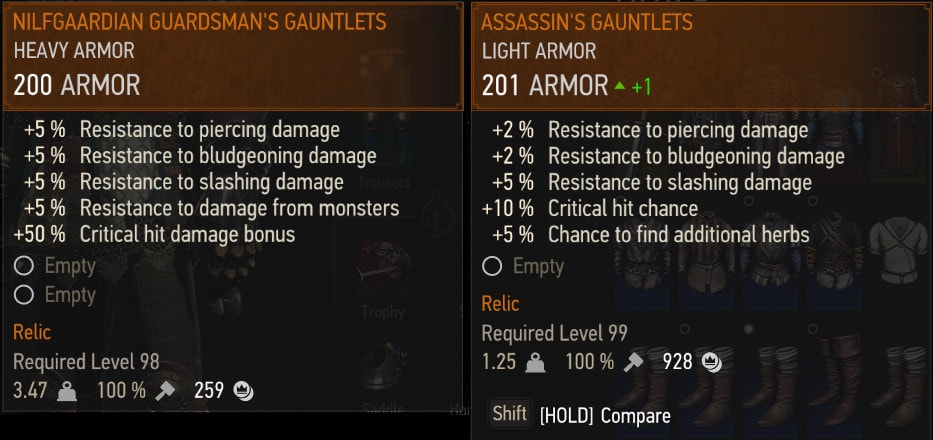 witcher 3 nilfaardian guardsman's gauntlets and assassin's gauntlets stats